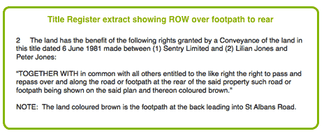 Title Register extract showing Right of Way over a footpath to the rear
